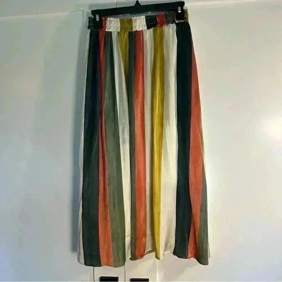 🎆Mystery Satin stripe skirt elastic waist small gold green orange cream midi - Picture 3 of 9